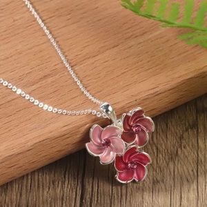 Tricolor Flower Floral Pink Mauve Silver Toned Necklace
